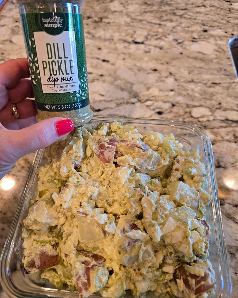 Looking for a perfect side? I've got you covered! 🥒 This Dill Pickle Potato Salad is dill-licious. 😉😉 Comment PICKLE and I'll share the recipe. 
 #mealplanningwithheather #TastefullySimple #eatathome #ilovefood #TeamFireworks #weeklymenu #menufortheweek #mealprep #mealprepclass #mealplan #familyfriendlymeal #salad #potatosalad #dillpickle